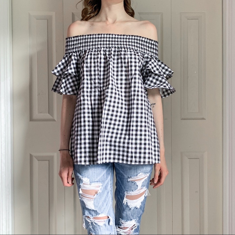 Gingham off the shoulder bell sleeve top